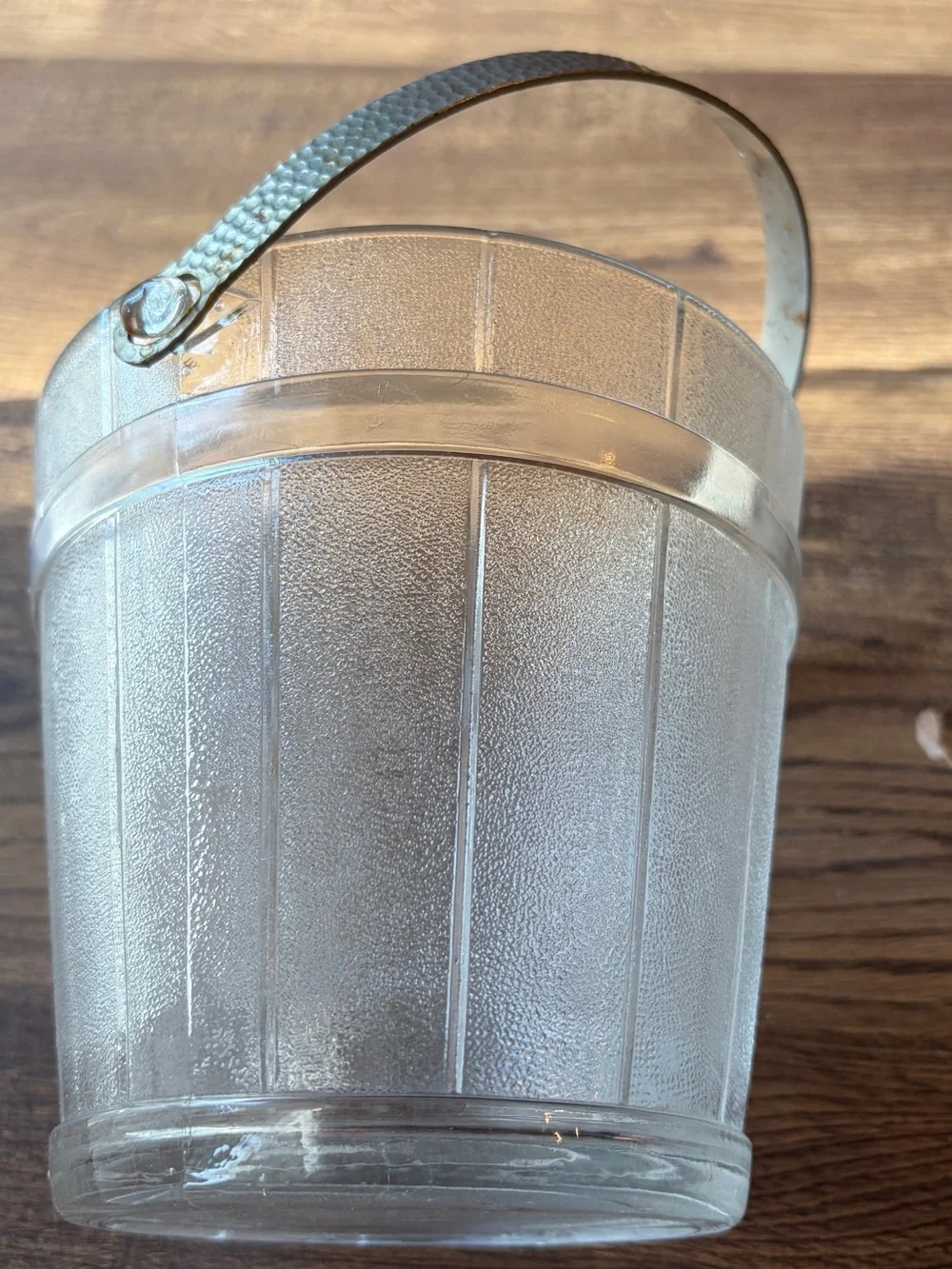Vintage Clear Textured Glass Ice Bucket with Metal Swing Handle~Mid Century Era